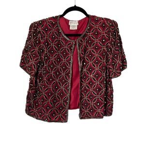 Vintage Stenay Jacket Size M Red Glam Beaded Silk Sequin Open Lined Cardigan